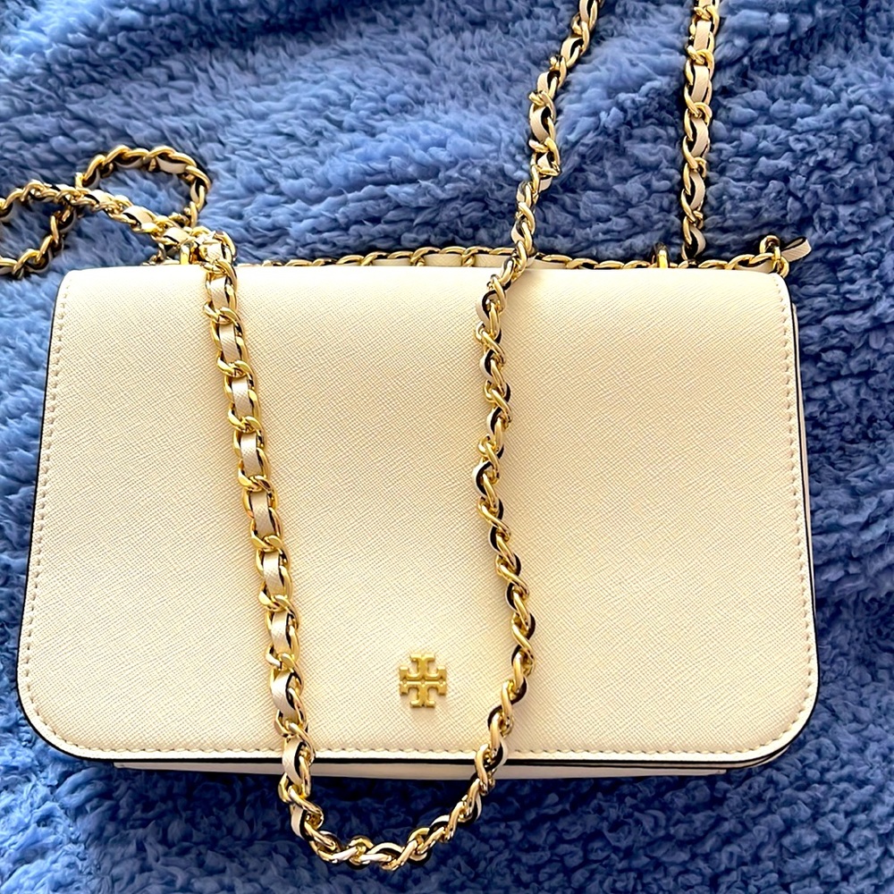 Tory Burch white and gold crossbody with gold strap